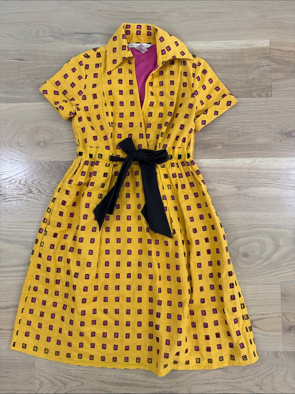 Diane von Furstenberg Yellow Cutout Square Tile Linen Cotton Dress Belt Size 2